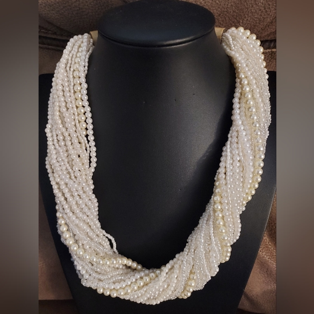 Multi Strand White Faux Pearl Necklace w/Carved Wood Hook Clasp 24 in